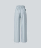 Pantalon casual large mélange lin taille haute avec cordon de serrage et poches