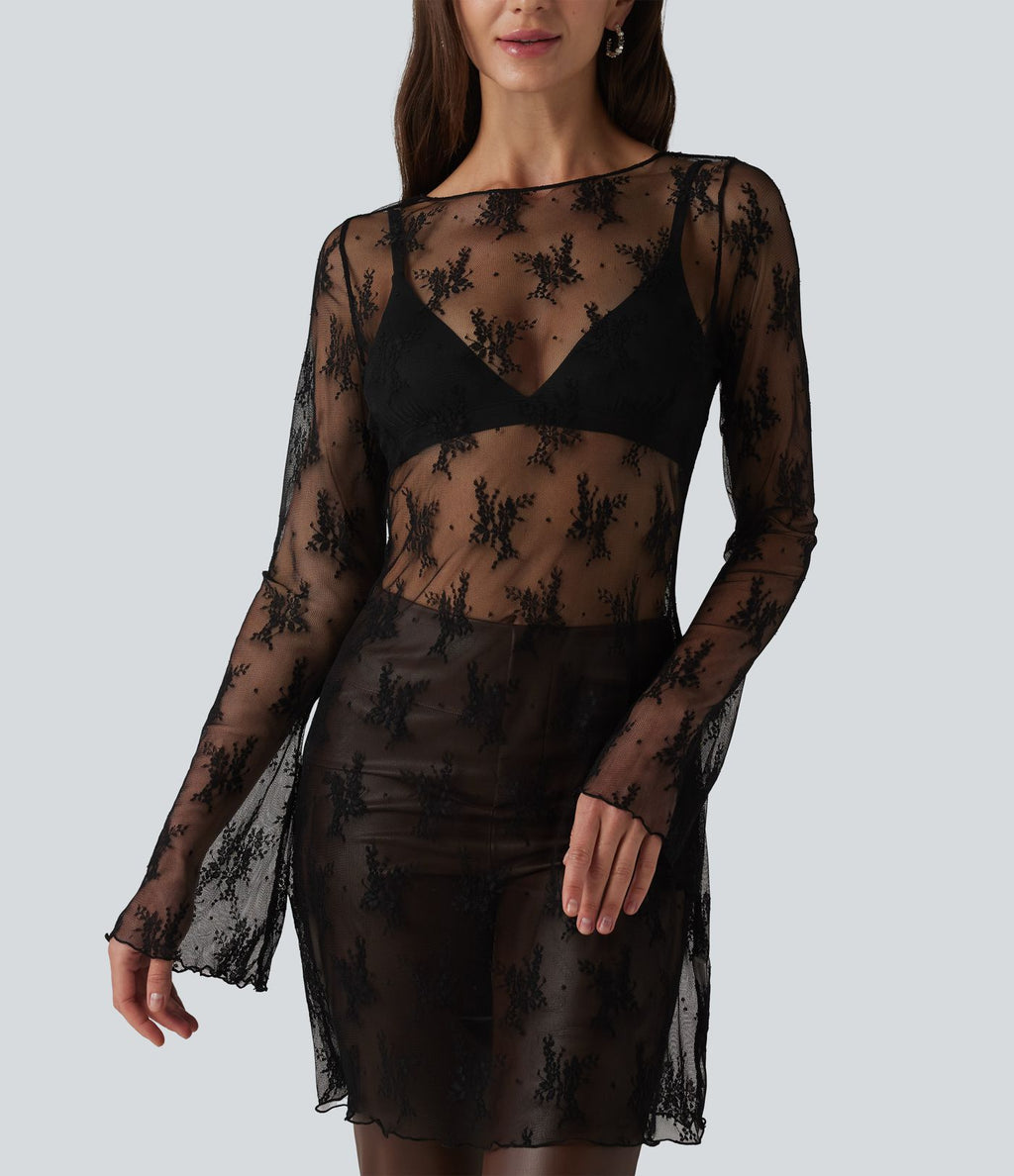 Robe de soirée deux pièces en dentelle col rond manches à volants