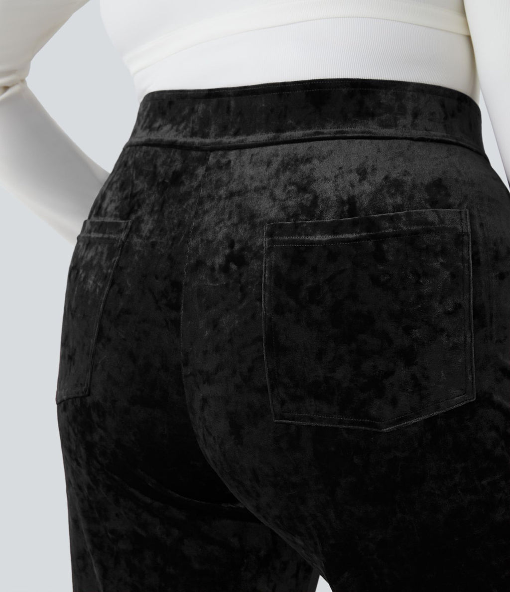 Pantalon décontracté grande taille en velours taille haute à boutons avec poches multiples et jambes droites