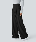 Halara Flex™ Pantalon Tailleur en tissu gaufré à taille haute, jambes larges, poches latérales et plis décoratifs