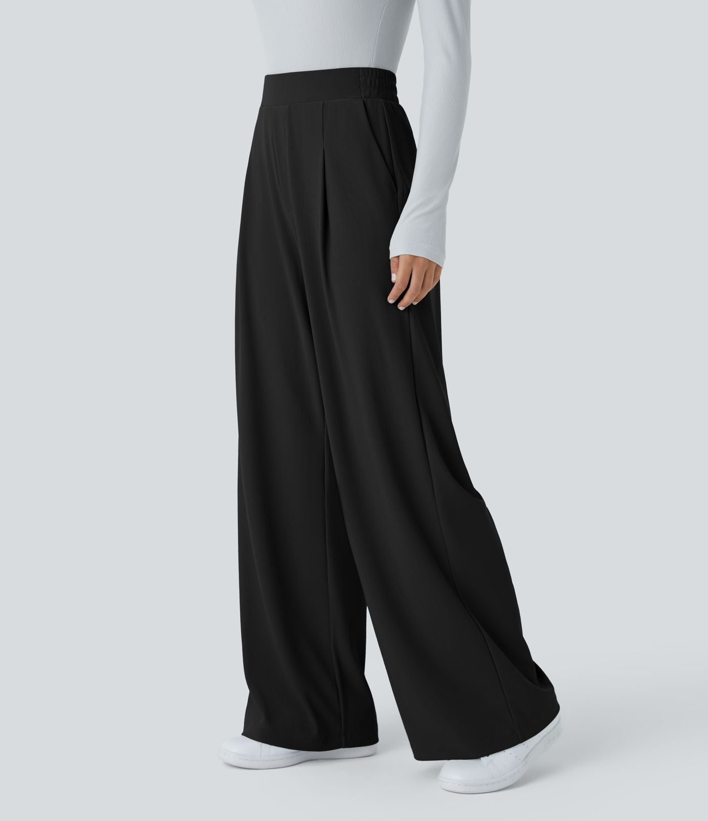 Halara Flex™ Pantalon Tailleur en tissu gaufré à taille haute, jambes larges, poches latérales et plis décoratifs