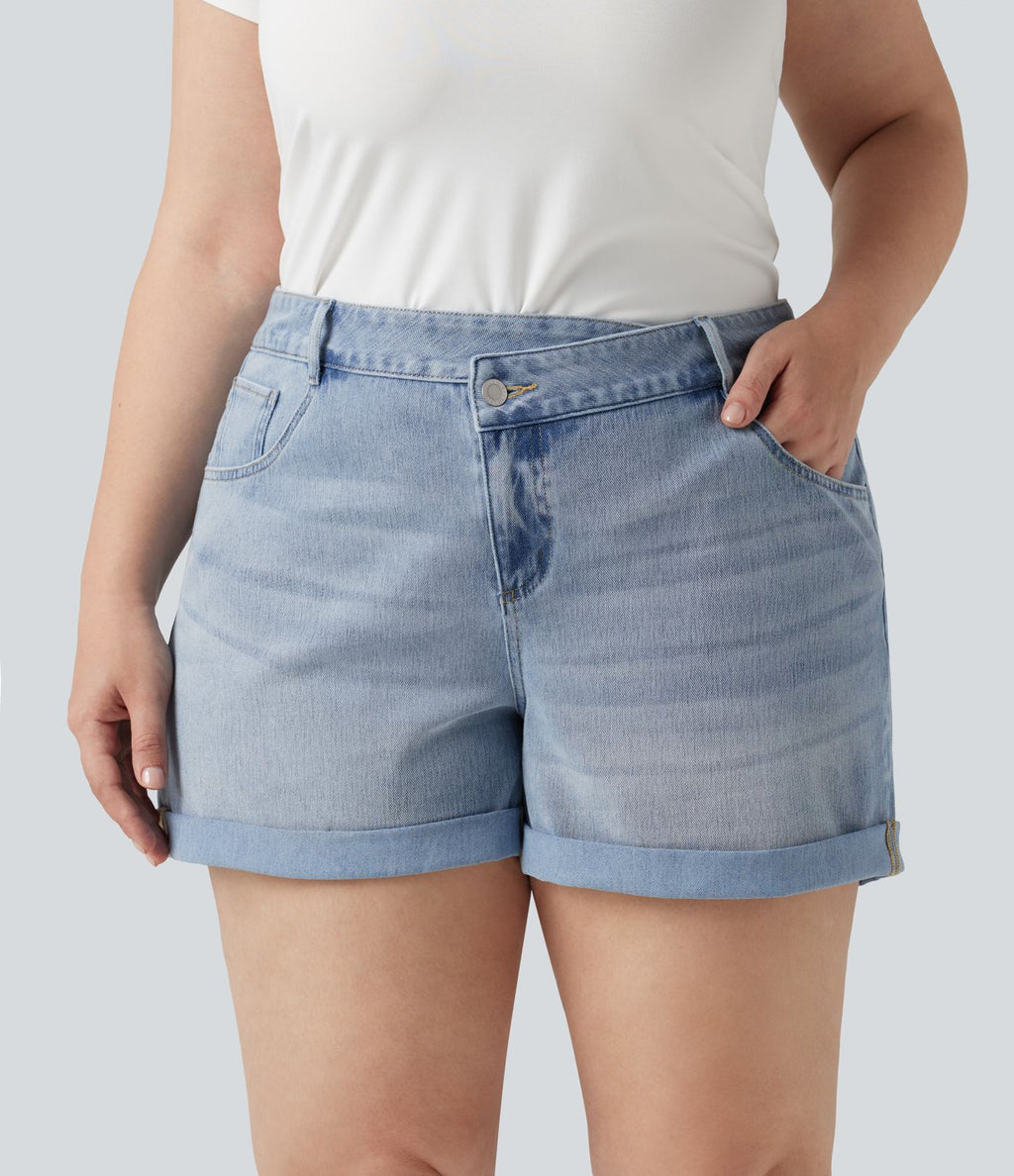 Short grande taille en jean Halara Flex™ délavé taille haute asymétrique avec ourlets retroussés et poches