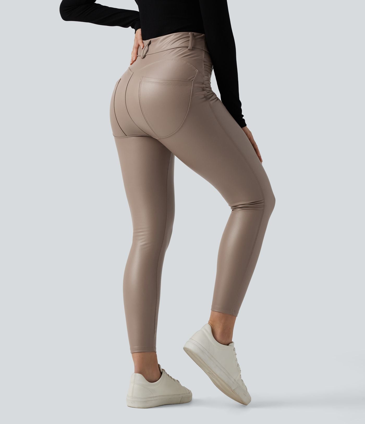 Pantalon polaire simili cuir extensible taille haute avec poches