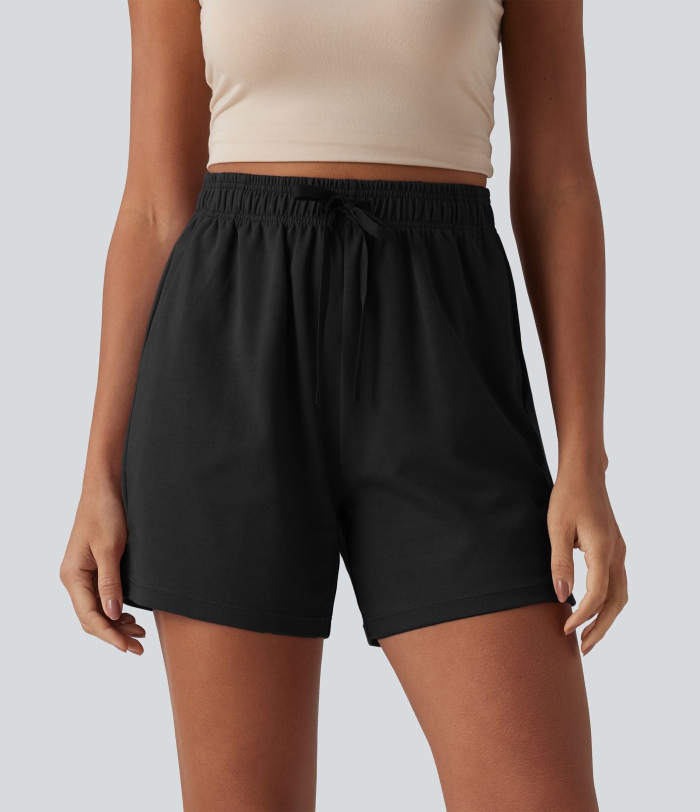Short casual ample coton séchage rapide taille haute à cordon de serrage et ourlet fendu avec poches