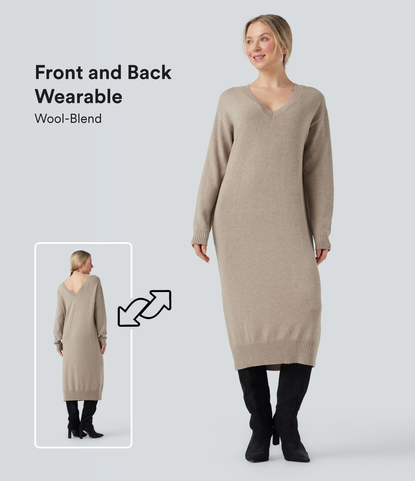 Robe pull laine mélangée col V manches longues mi-longue - réversible devant et dos