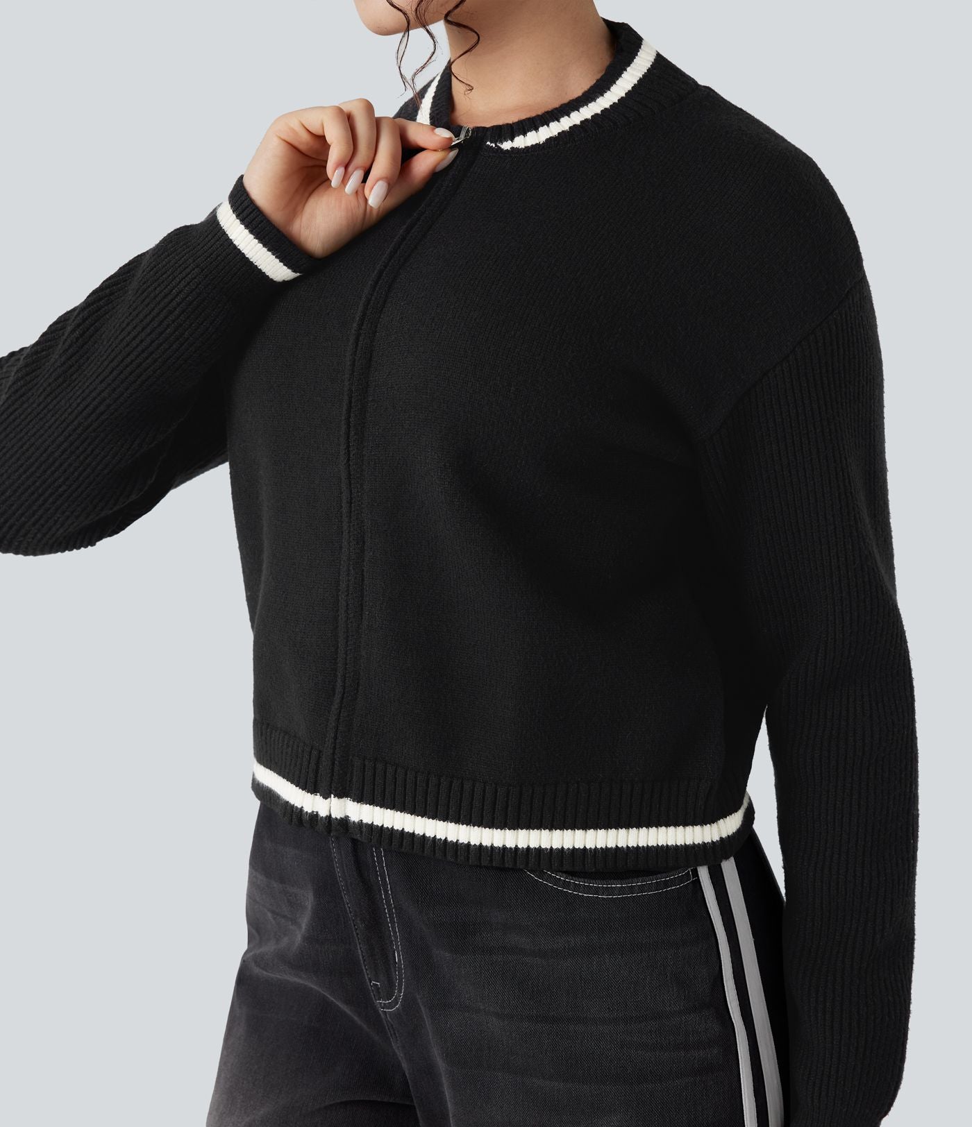 Cardigan color block col rond manches longues