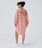 Robe Sweatshirt Casual à Capuche avec Cordon Poches Latérales Ourlet Courbé Asymétrique Oversize Mini en Tissu Gaufré