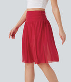 Jupe casual midi fluide 2-en-1 taille haute froncée maille contrastante avec poches latérales