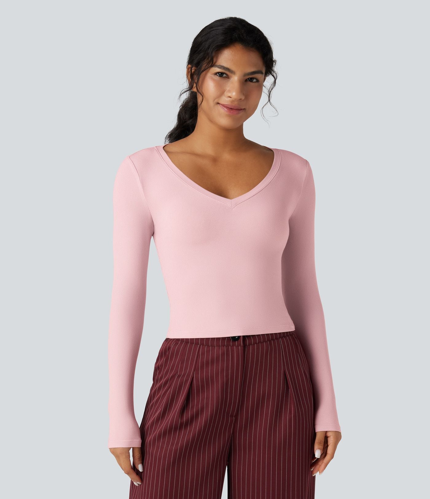 T-shirt tailleur côtelé court col V manches longues
