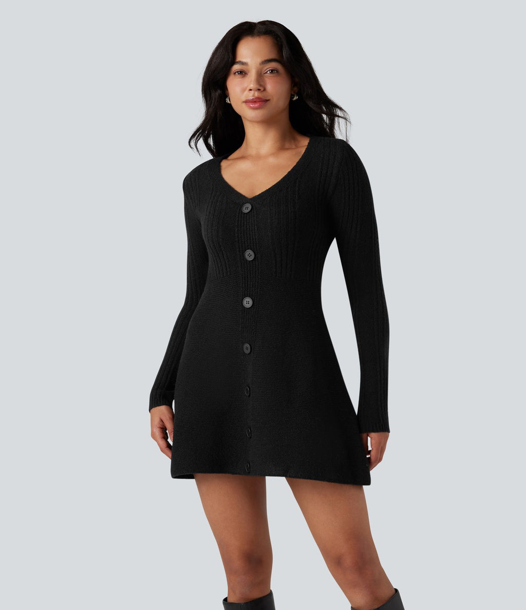 Robe pull courte col V manches longues