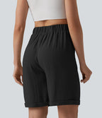 Bermuda casual taille haute aspect lin ourlet roulotté avec poches