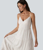 Robe longue fluide à rayures et col en V
