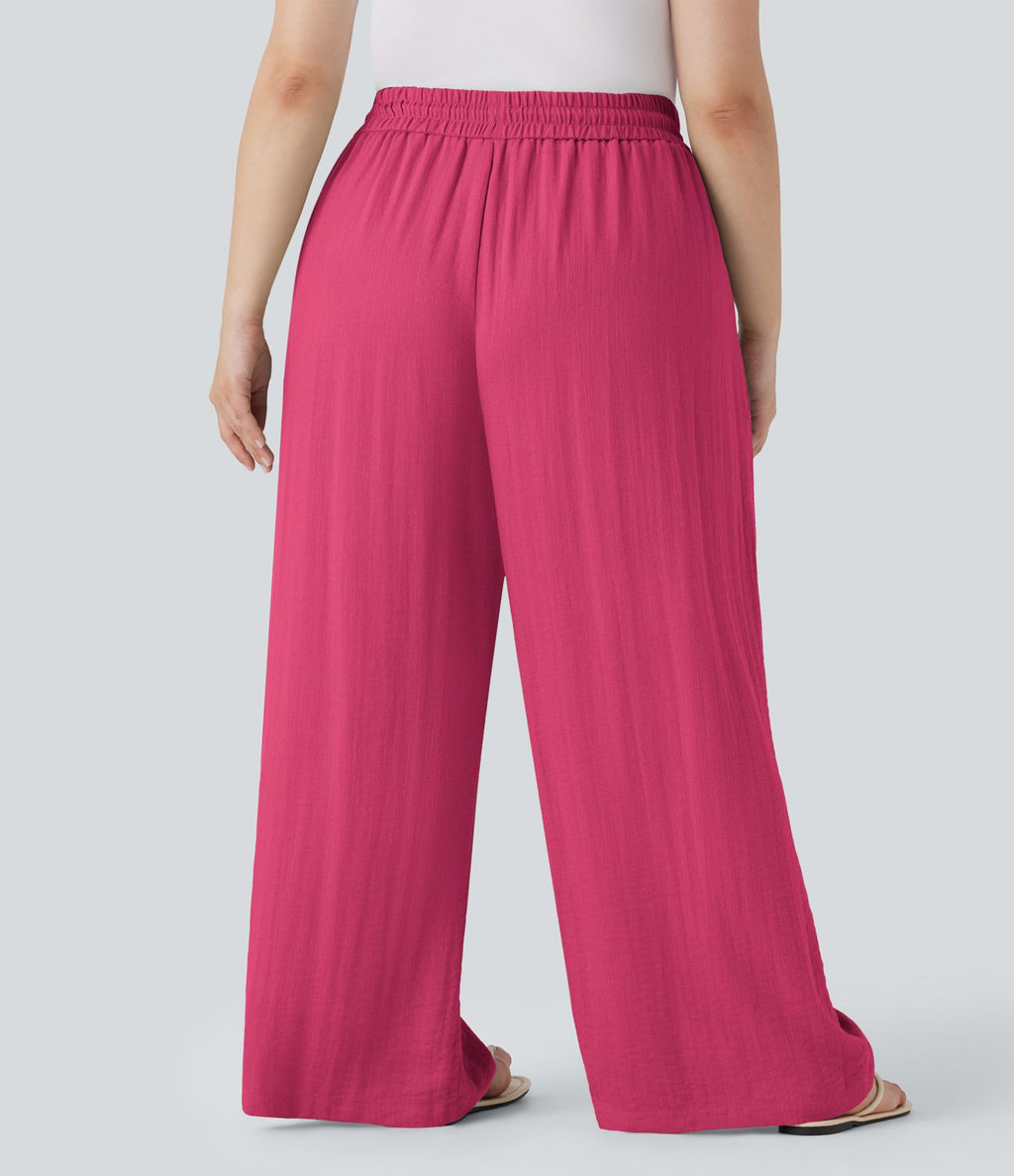 Pantalon décontracté grande taille large fluide taille haute effet lin avec cordon de serrage et poches