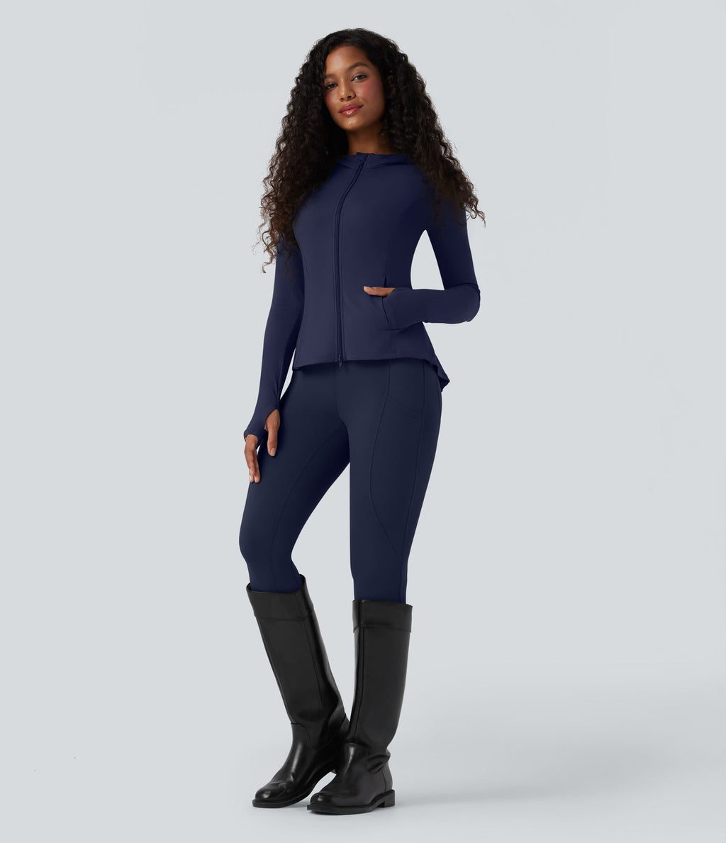 Veste SoftlyZero™ à capuche manches longues avec trous pouces détails plissés et poches-UPF50+