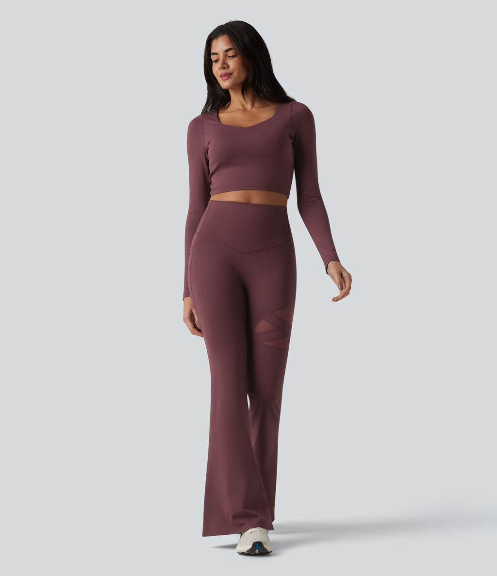 Legging évasé casual en maille respirante ventre plat taille haute avec poche