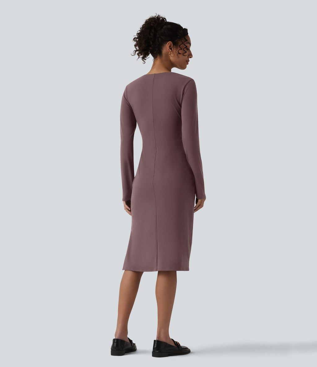 Robe midi col V manches longues froncée avec fente - Idéale pour le bureau