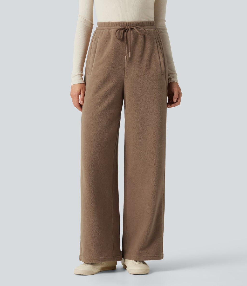 Pantalon large décontracté en polaire taille haute avec cordon de serrage et poches