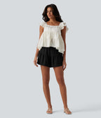 Short casual taille haute aspect lin volants avec cordon de serrage et poches 9 cm