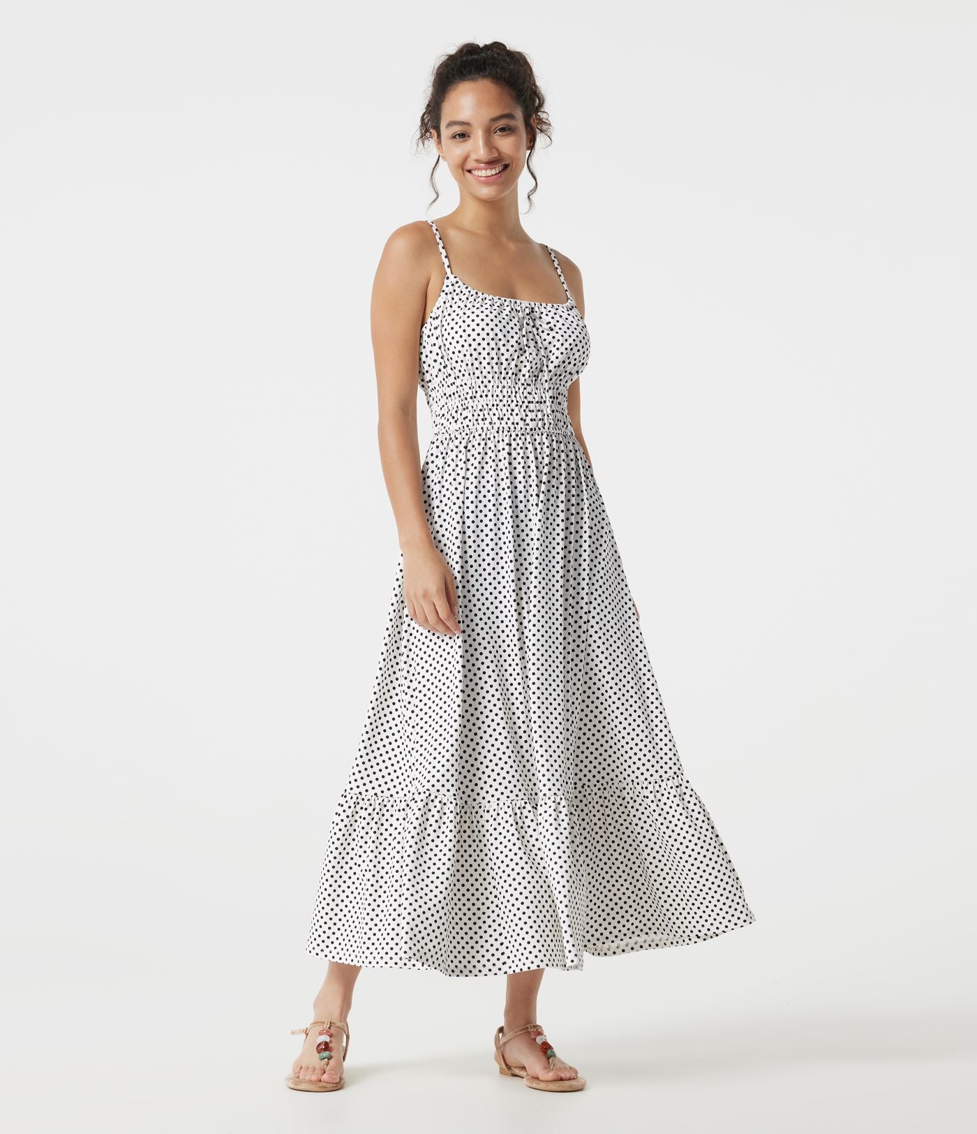 Robe nuisette midi fluide à pois avec lien à nouer à l’avant