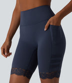 Halara UltraSculpt™ Short de cycliste gainant taille haute en mesh respirant avec dentelle contrastée et poches — 23 cm