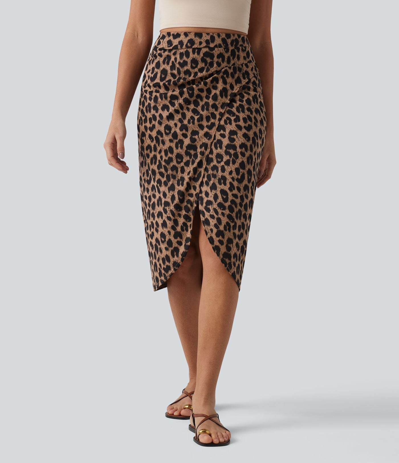 Jupe midi casual tulipe taille haute froncée en tissu gaufré imprimé léopard