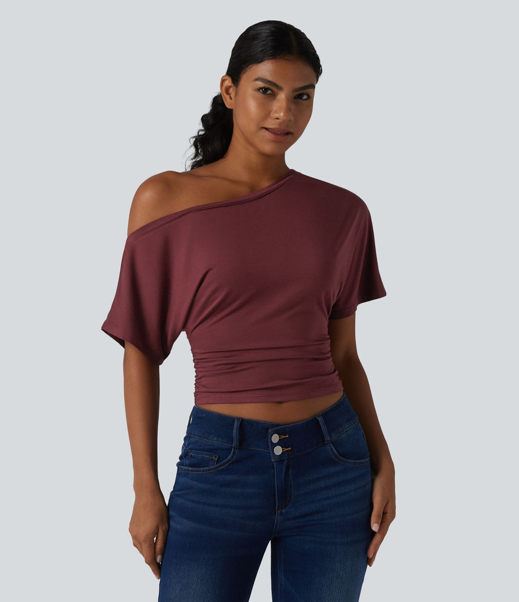 T-shirt casual asymétrique une épaule froncé à manches courtes avec soutien-gorge intégré