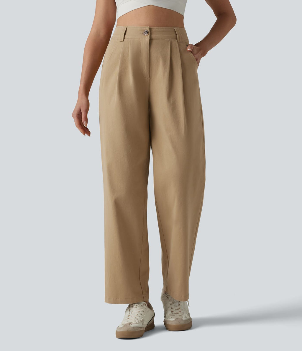 Pantalon chino décontracté en coton, taille haute, plissé, jambe droite, avec poches