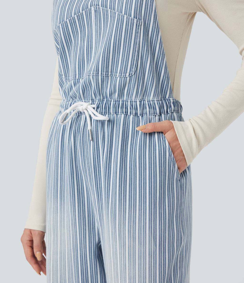 Salopette en denim décontractée droite à rayures Halara Flex™ avec cordon et poches