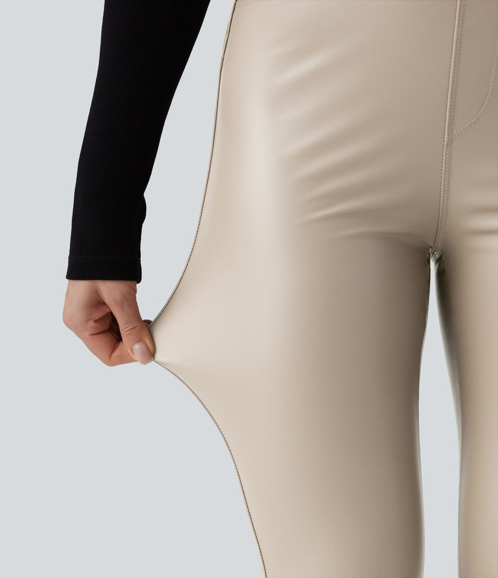 Pantalon polaire simili cuir extensible taille haute avec poches