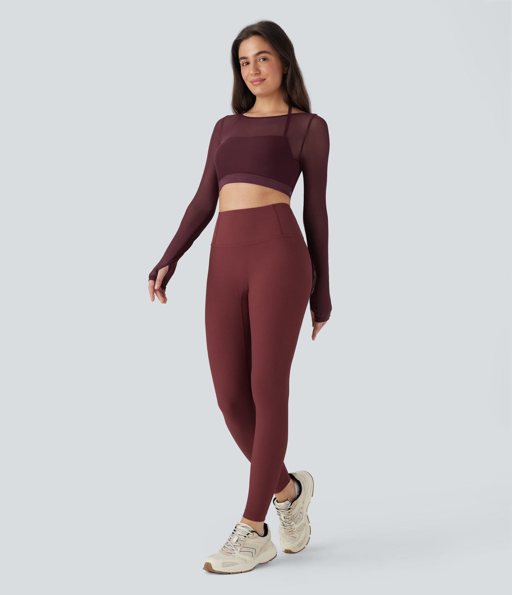Haut de sport yoga crop top 2-en-1 avec col licou, dos nu, manches longues, passe-pouces et mesh contrastant