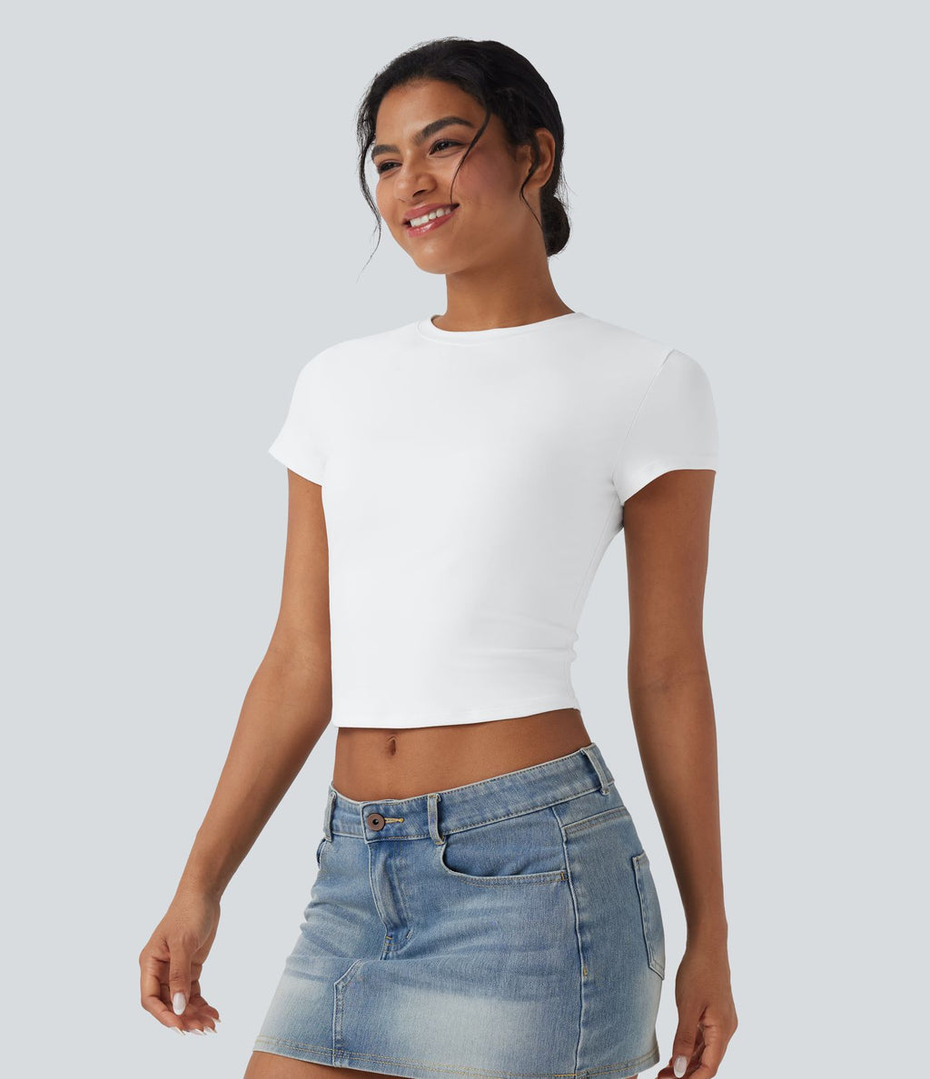 T-shirt baby tee décontracté court ajusté col rond