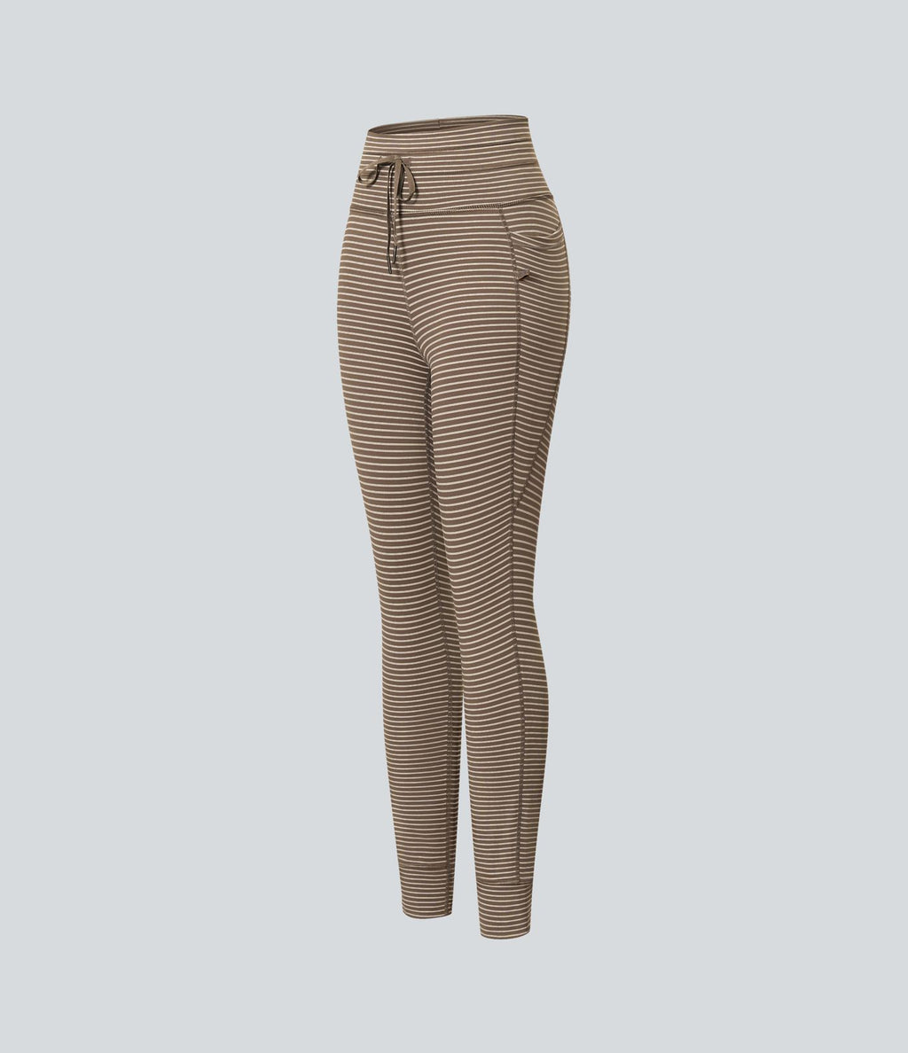 Legging de yoga rayé taille haute avec cordon de serrage et poches
