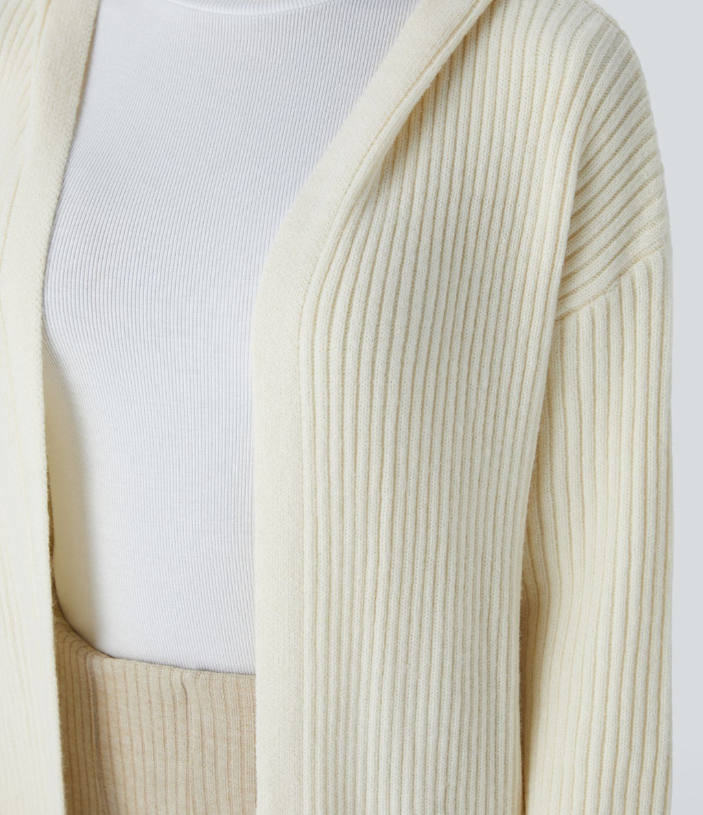 Cardigan long casual à capuche, manches longues et poches