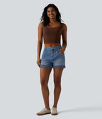Short denim ample décontracté Halara Flex™ délavé taille mi-haute ourlet roulotté avec poches
