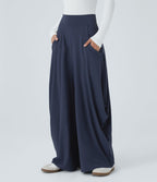 Pantalon décontracté drapé à poches multiples et taille moyenne, jambe large