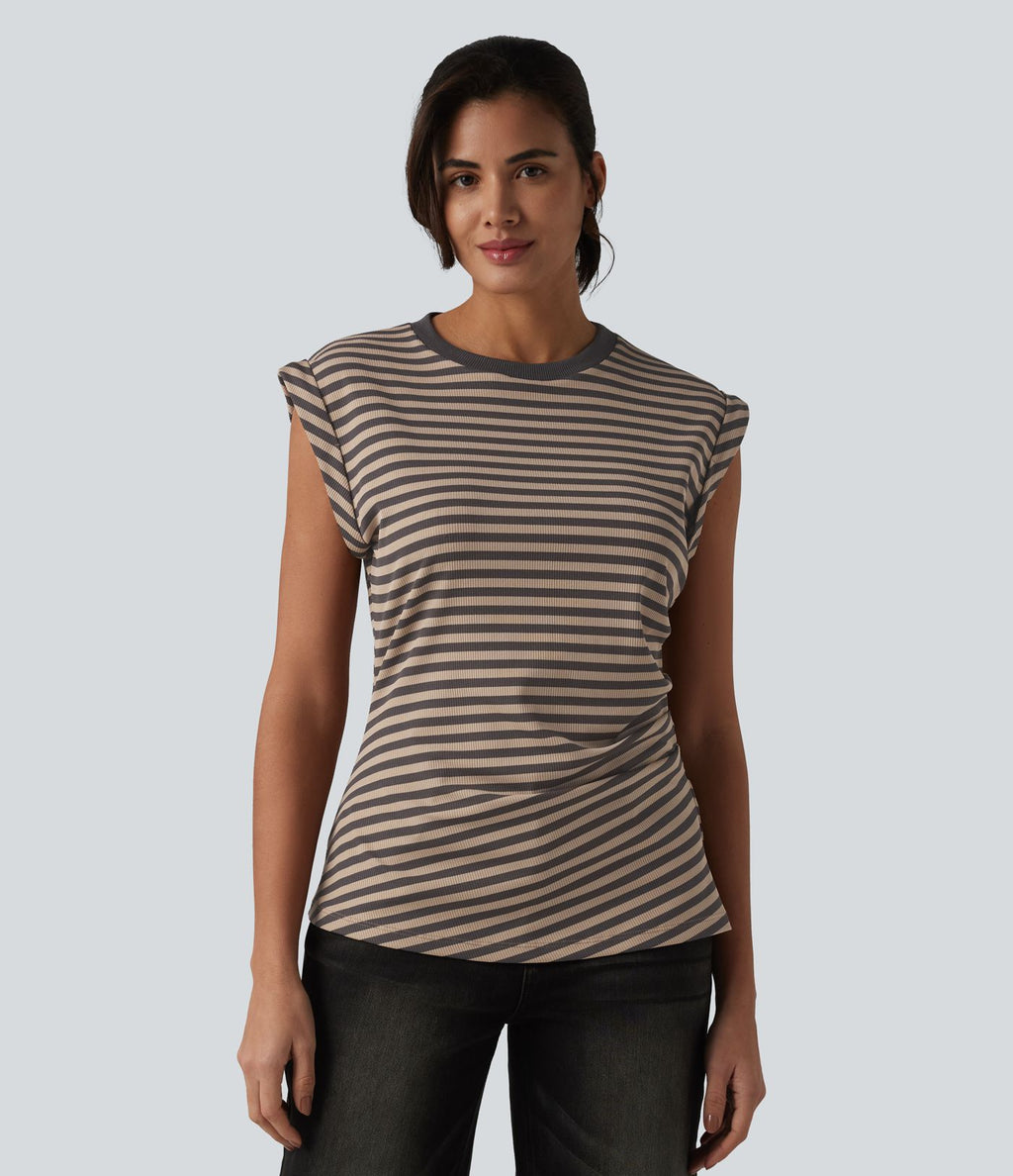T-shirt casual en maille côtelée rayé col rond à manches courtes