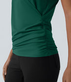 Blouse Travail Unie Froncée Croisée Manches Courtes Col en V