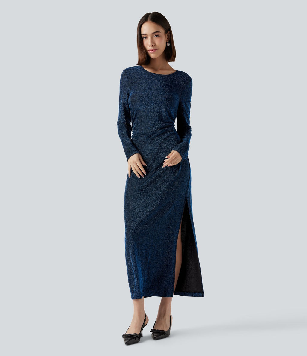 Robe midi fendue à manches longues, dos noué avec découpes, effet sparkle
