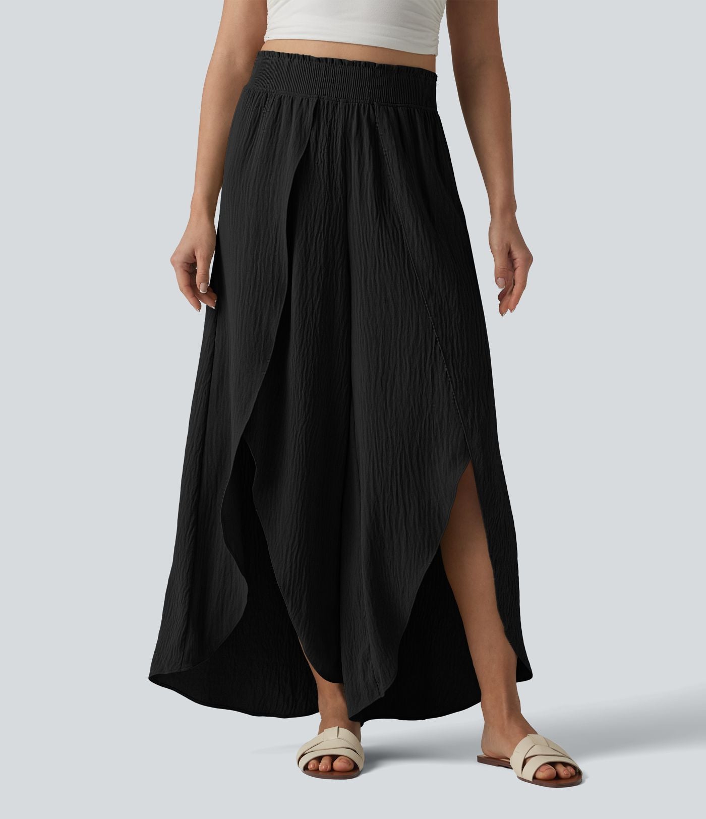 Pantalon large fluide décontracté taille haute aspect lin