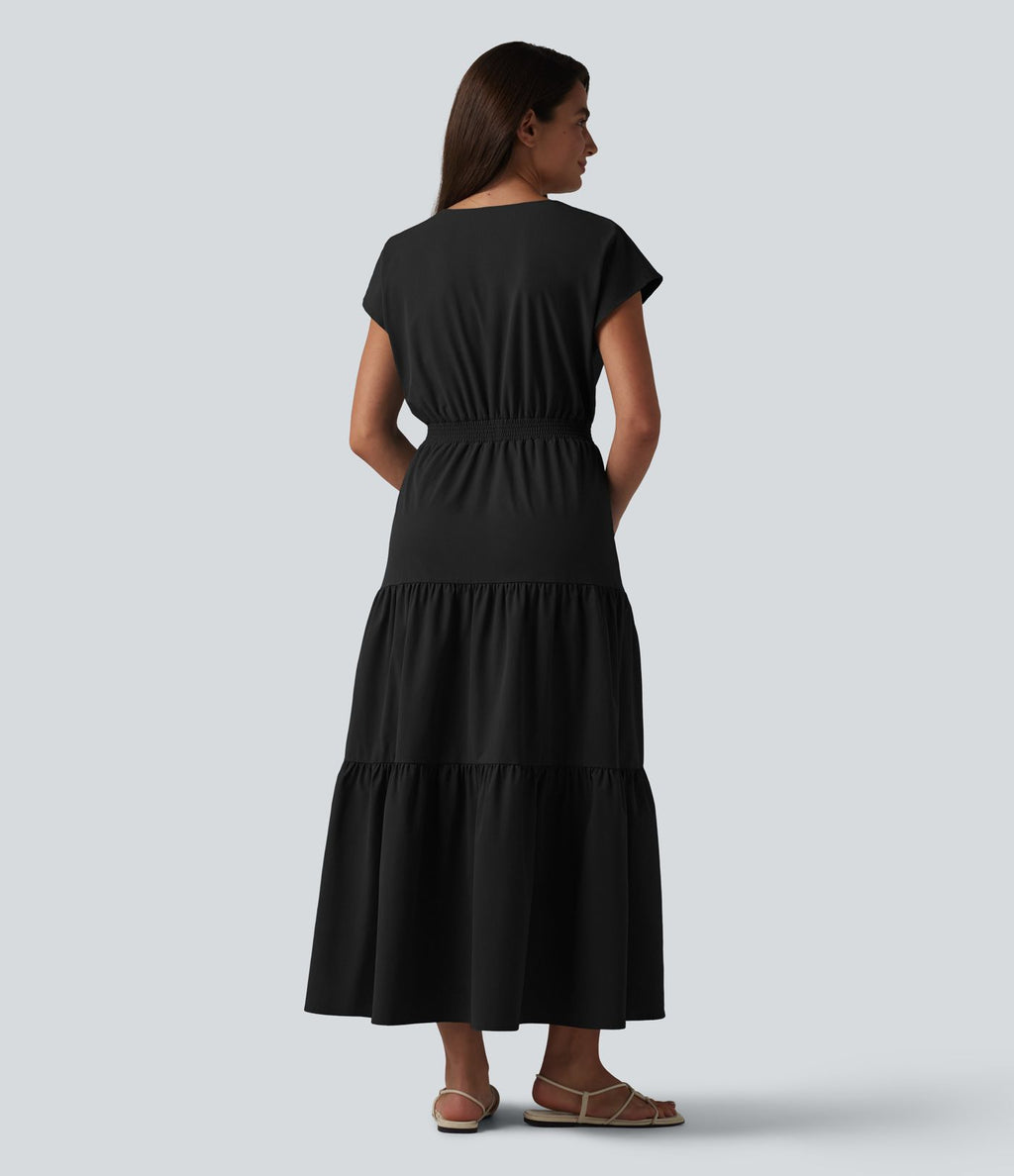 Robe midi décontractée en popeline stretch à manches courtes et col en V