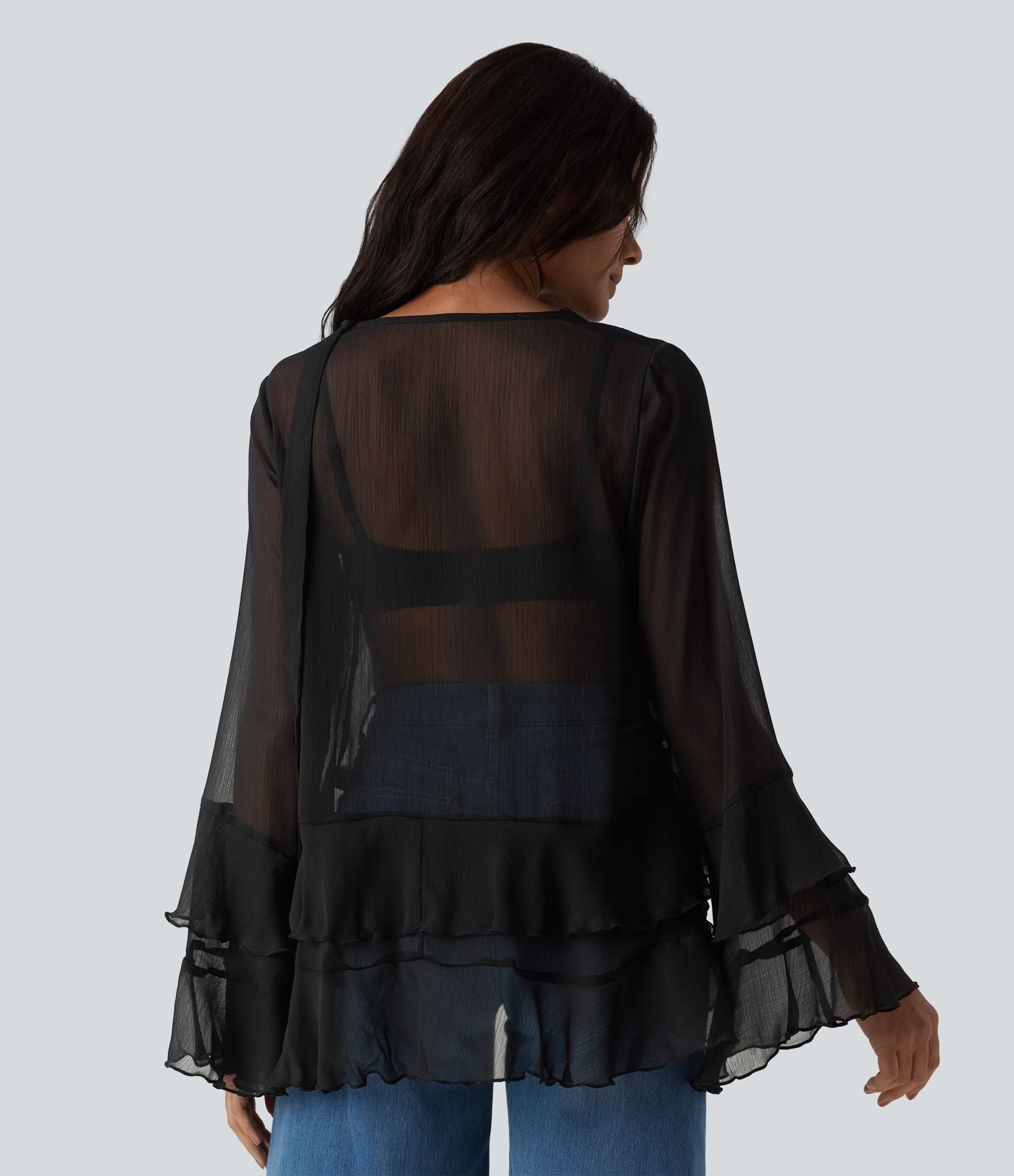 Chemise casual transparente col V manches longues à volants