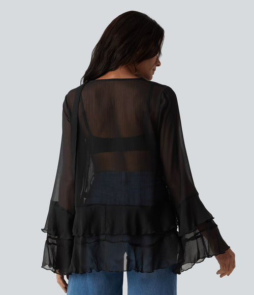 Chemise casual transparente col V manches longues à volants
