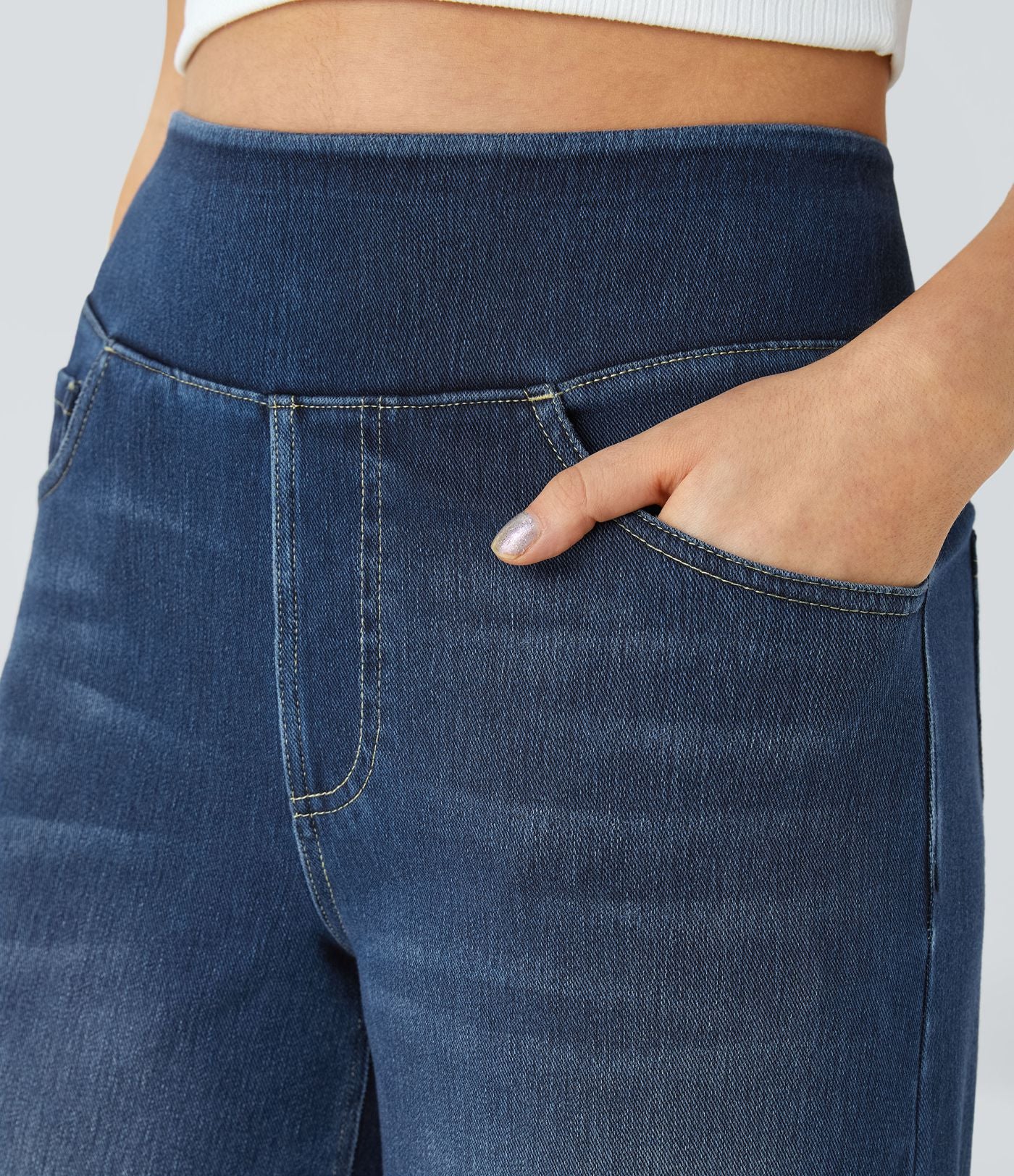 Halara Flex™ Jean Large Casual Taille Haute Poches Multiples Tricot Extensible Délavé