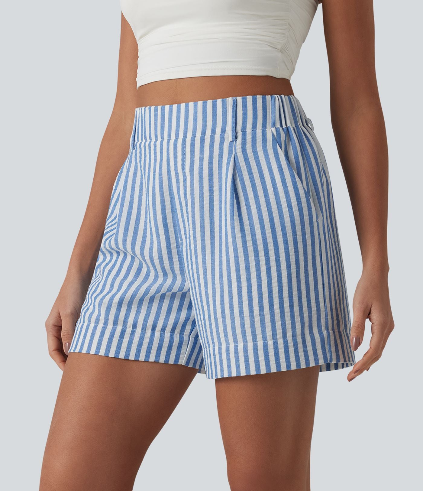 Short casual taille haute à rayures avec poches et aspect lin