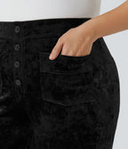 Pantalon décontracté grande taille en velours taille haute à boutons avec poches multiples et jambes droites