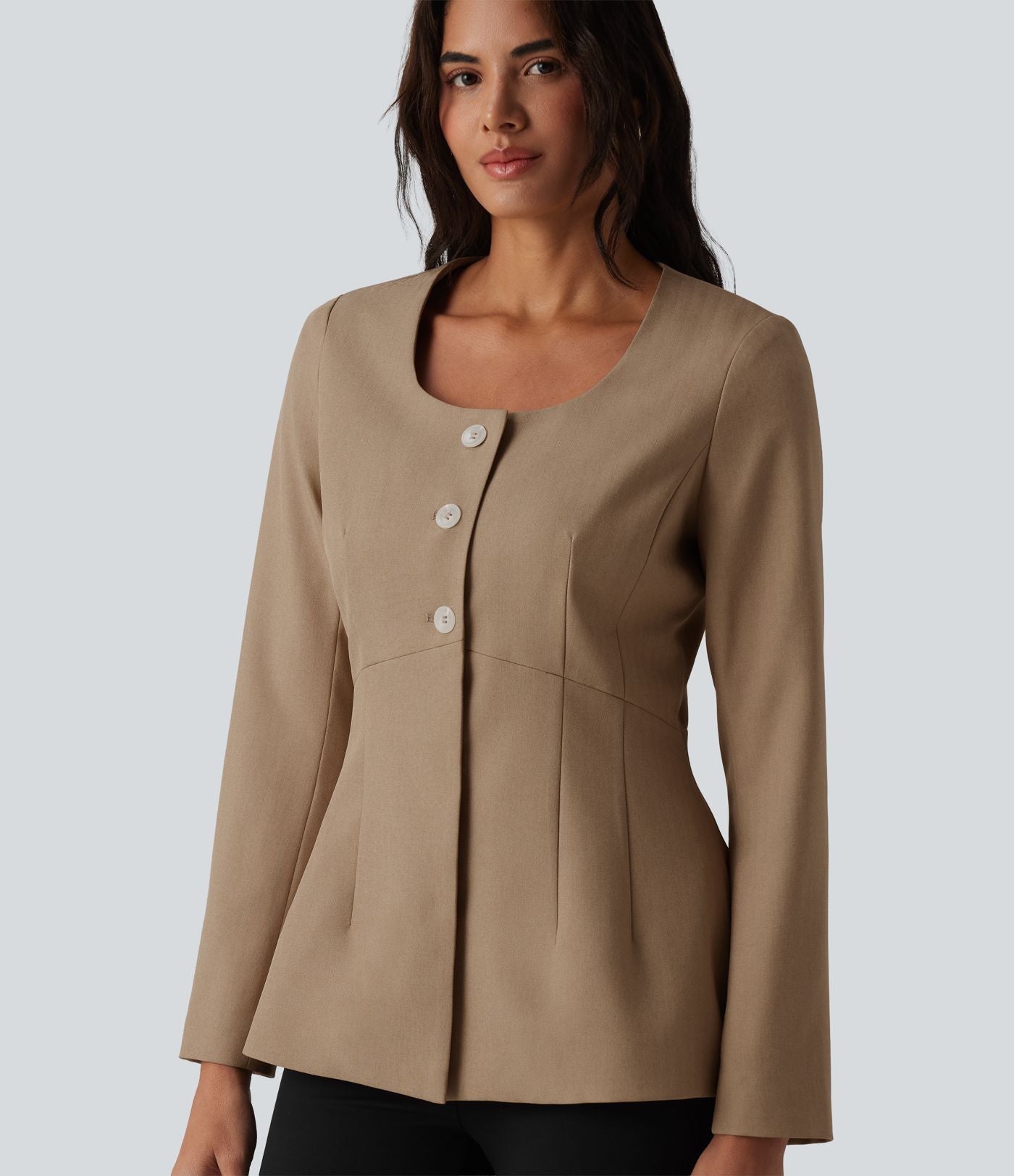 Blazer tailleur infroissable col U manches longues aspect lin