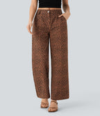 Pantalon décontracté en coton à jambe droite, taille moyenne, imprimé léopard avec poches