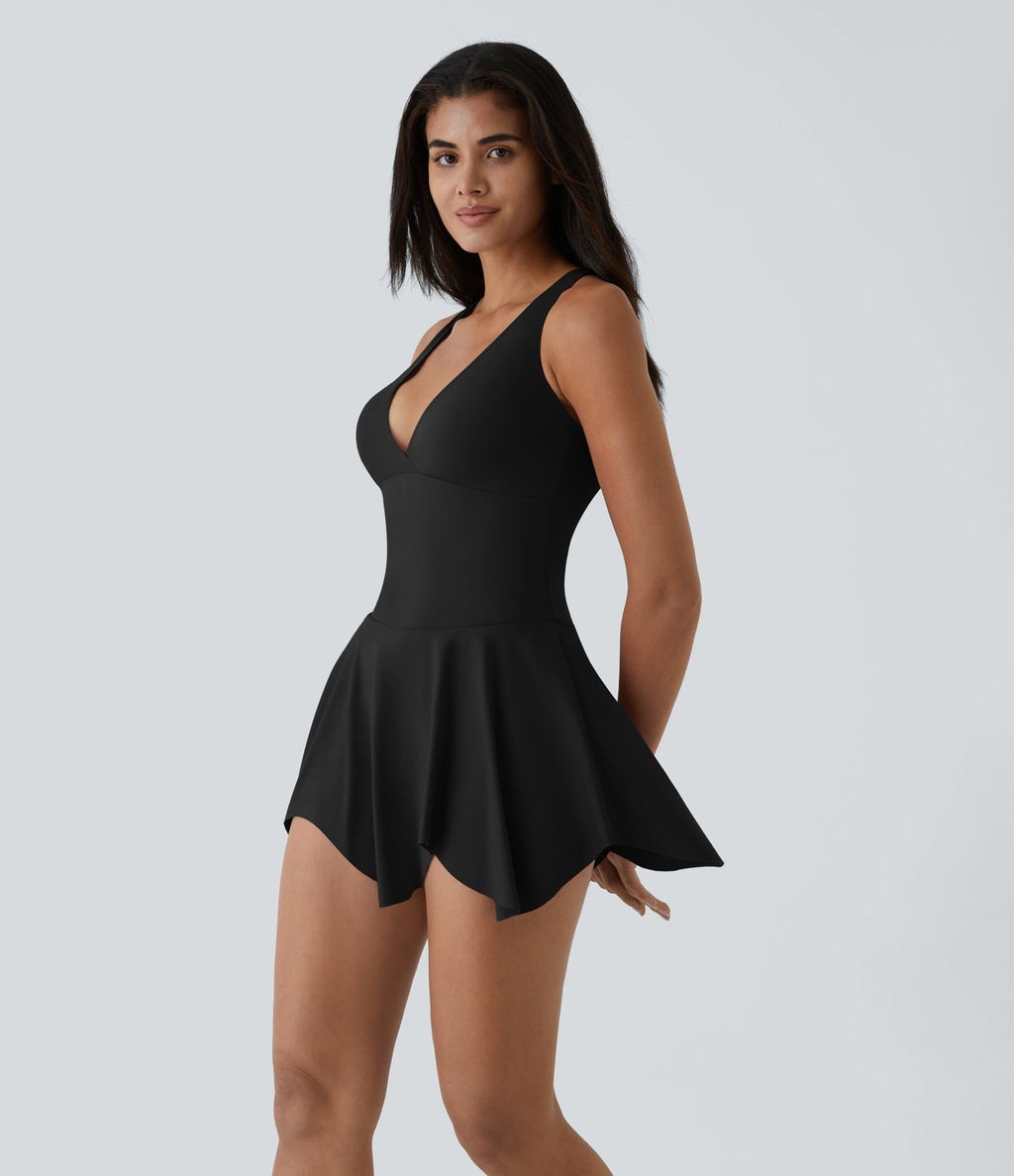 Robe Casual Mini Évasée 2-en-1 à Col V Profond Dos Nageur et Poches Latérales