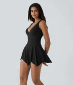 Robe Casual Mini Évasée 2-en-1 à Col V Profond Dos Nageur et Poches Latérales