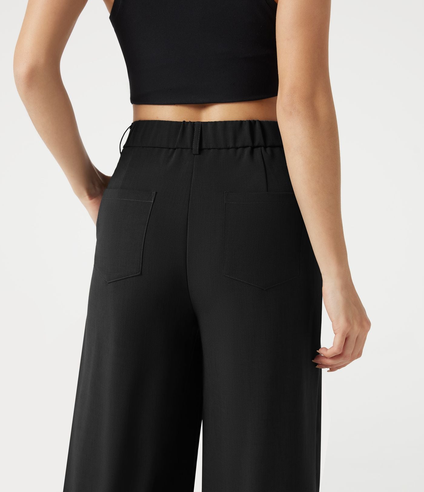 Pantalon casual ample toucher lin taille mi-haute à poches
